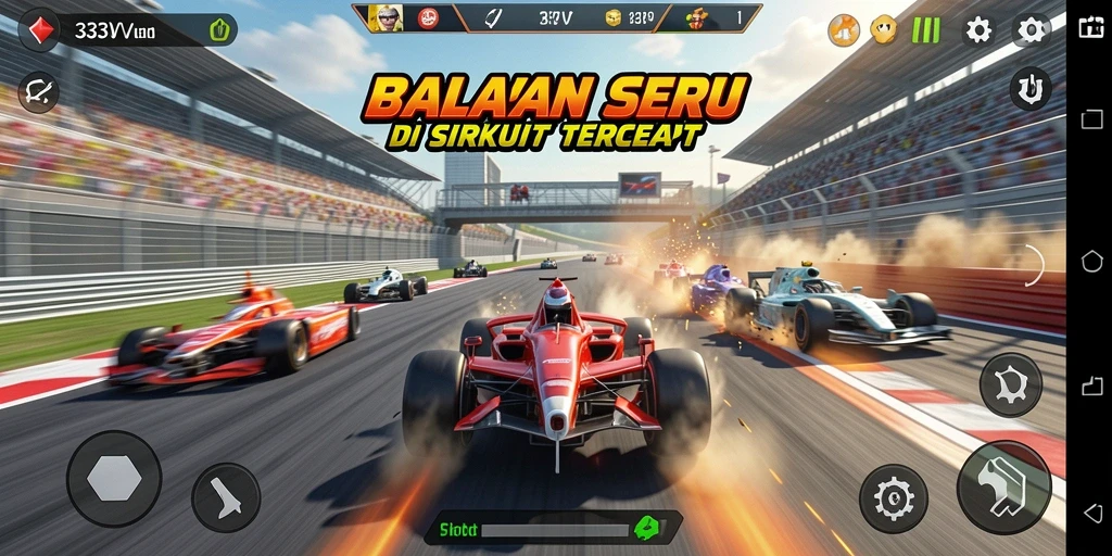 Tangkapan layar 333V dengan tampilan balapan di sirkuit yang dinamis.