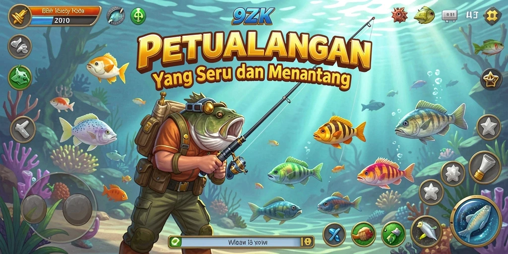 Screenshot gameplay 9ZK yang menunjukkan aksi memancing yang menegangkan.