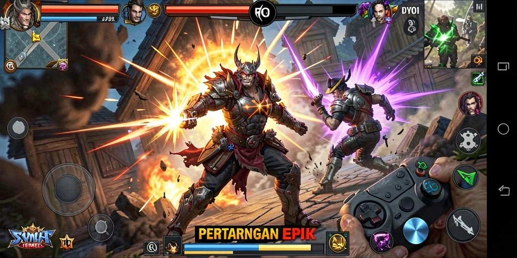 Tangkapan layar utama DYO1 menunjukkan aksi bertempur yang seru dan intens.