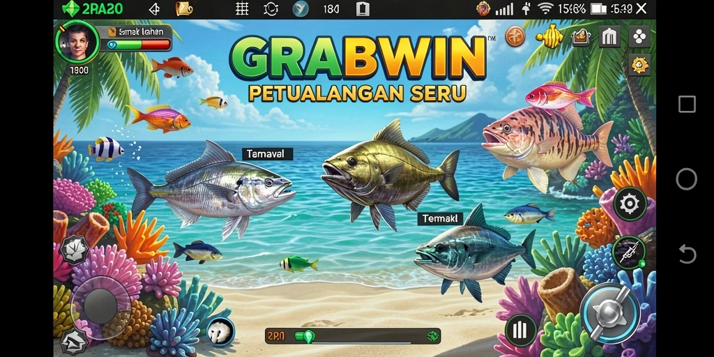 Tampilan gameplay seru dalam GRABWIN saat menembak ikan.