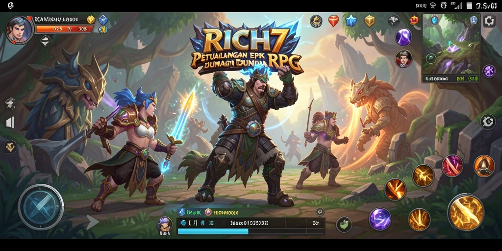 Screenshot gameplay RICH7 dengan karakter dalam pertempuran epik.