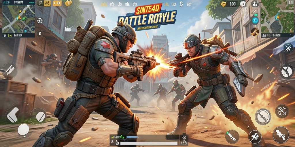 Gameplay SINTE4D menampilkan pertarungan intens dalam arena Battle Royale.