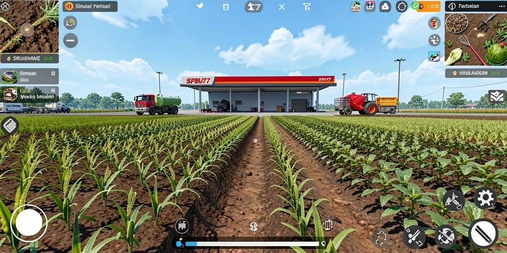 Tampilan gameplay SPBU77 menunjukkan aktivitas pertanian yang dinamis.