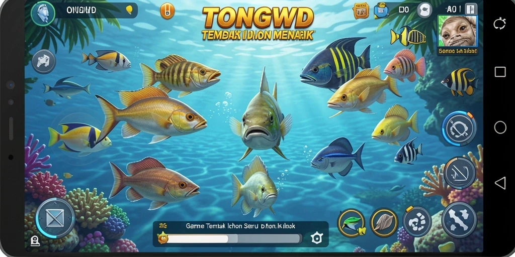 Screenshot gameplay seru TONGWD menembak ikan dengan grafis mencolok.