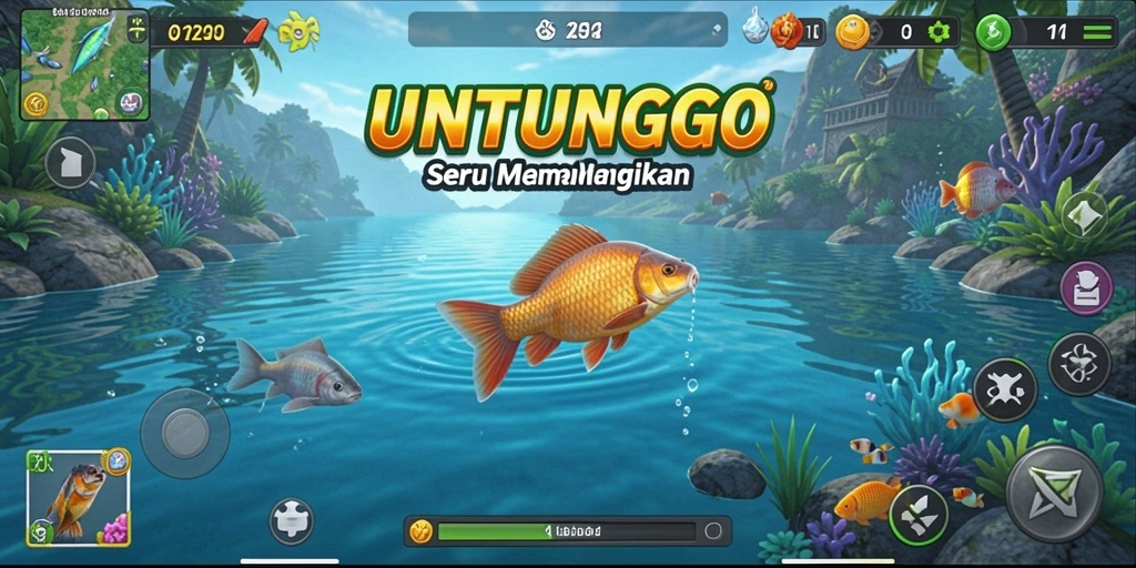 Screenshot UNTUNGGO menampilkan aksi memancing seru dengan banyak ikan di sekeliling.