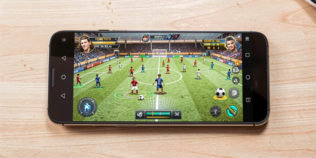Screenshot YUMETOTO menampilkan aksi seru dalam permainan sepak bola.