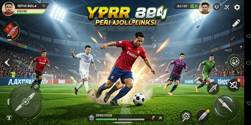 Screenshot gameplay YYRR menampilkan aksi sepak bola yang mendebarkan.